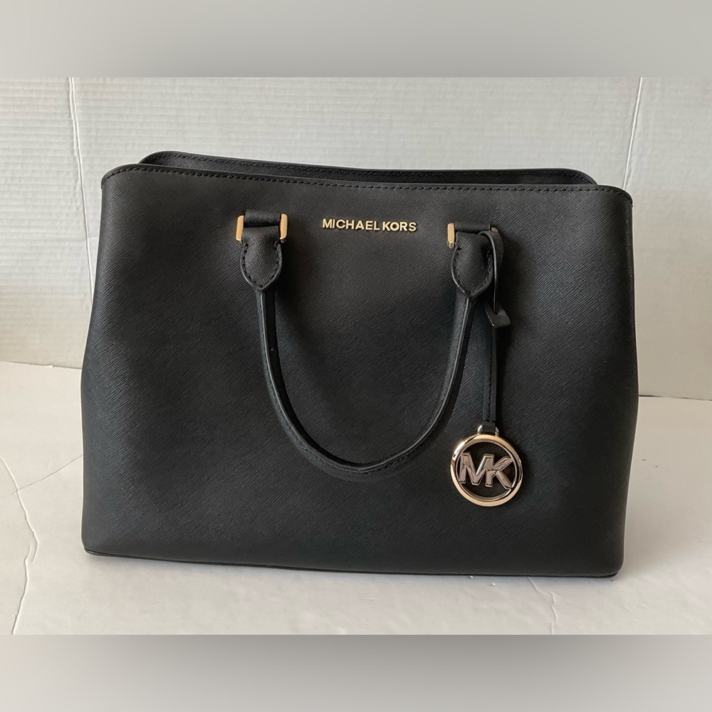 Michael Kors Black Saffiano Leather Satchel with Gold MK Charm